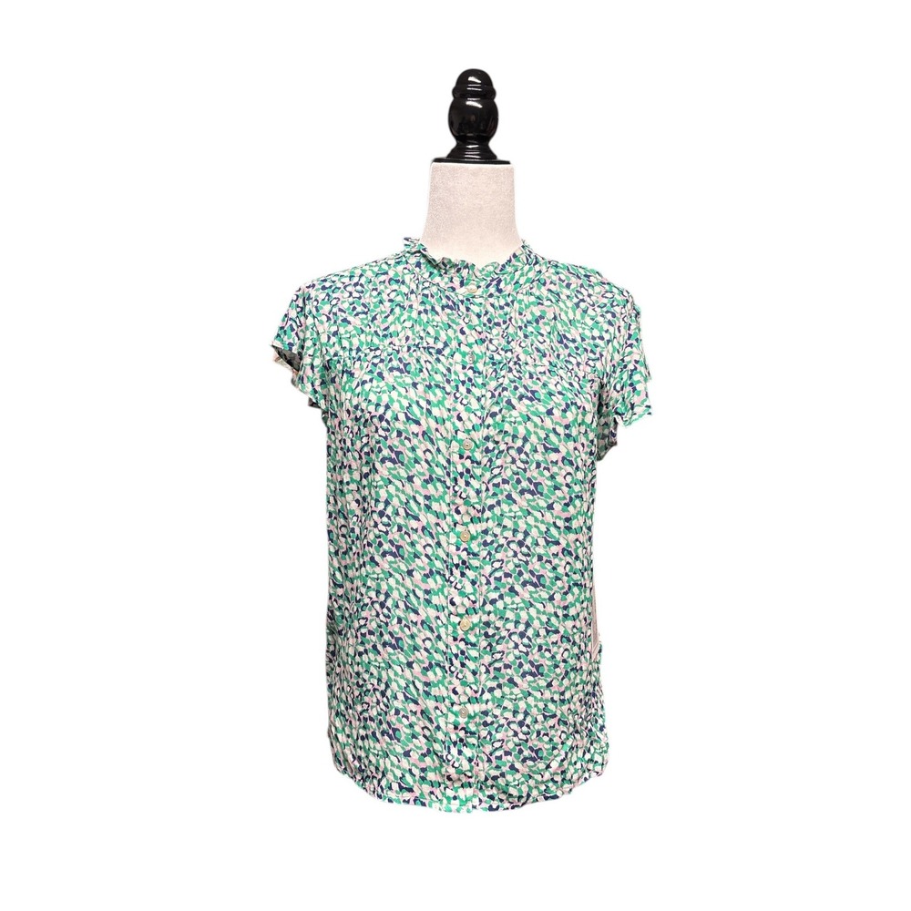 Dear John Ditsy Leopard Print Ruffle Neck Blouse Green Pink Small‎ NEW